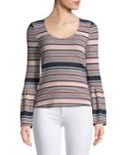 Scoop-neck Bell-sleeve Striped Knit Top