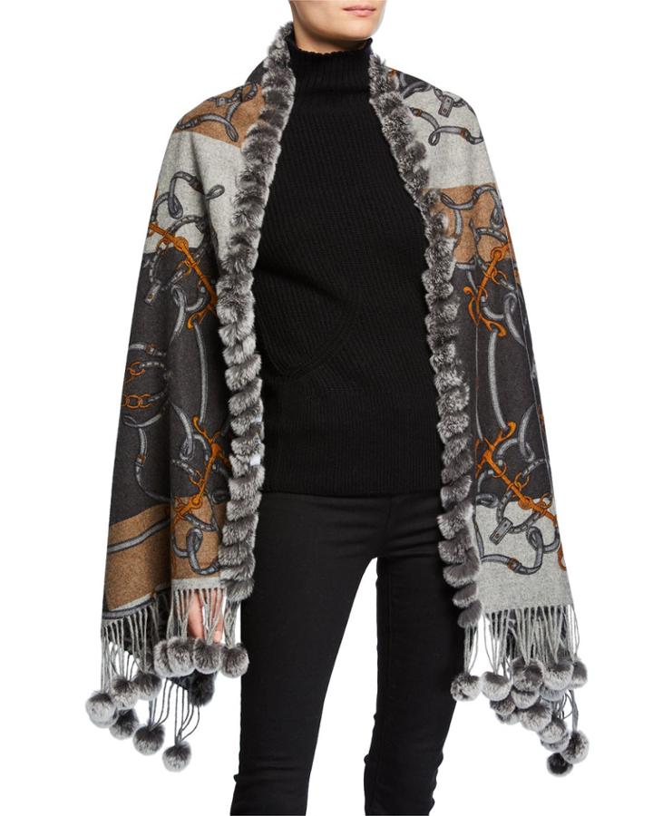Double-face Wool Stole W/ Rabbit Fur Pompoms, Gray