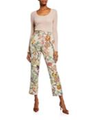Floral Print Cloque Cropped Trousers