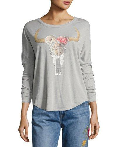 Floral Cow Skull Dolman-sleeve Top, Gray