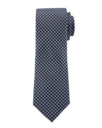 Small Check Silk Dress Tie, Navy
