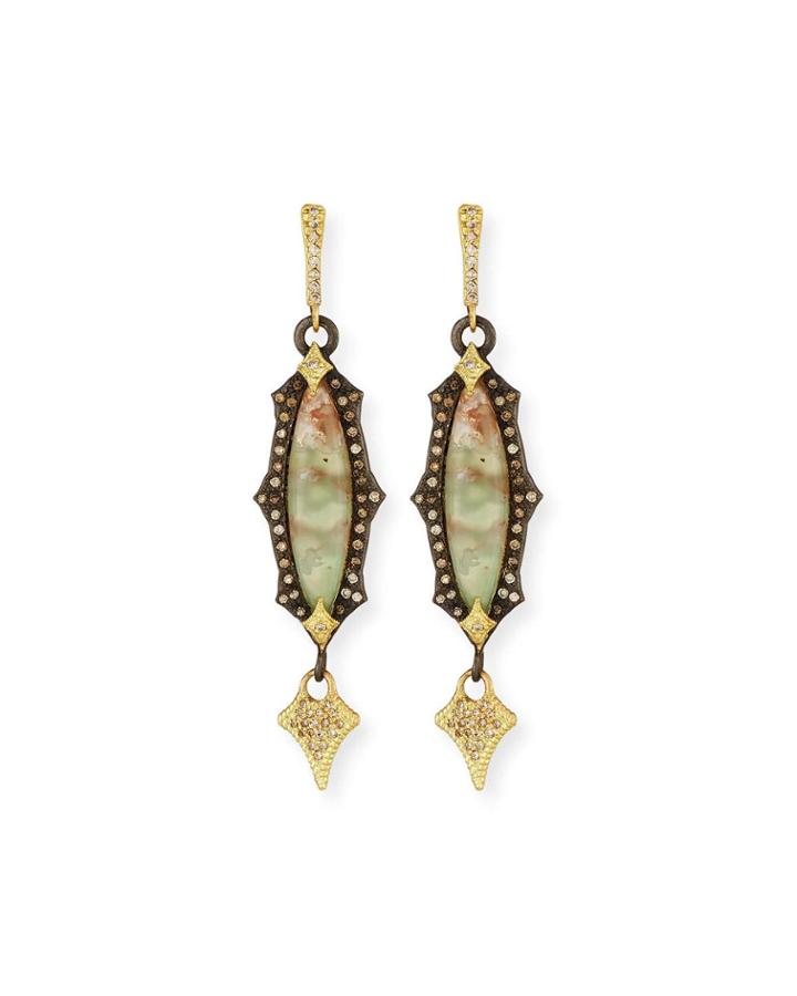 Old World Scalloped Aquaprase Cabochon Earrings With Diamonds