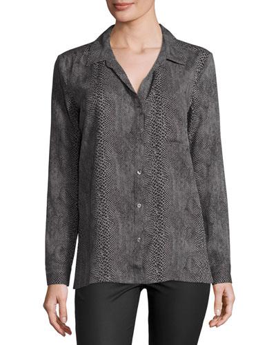 Button-up Snakeskin-print Blouse, Black