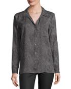 Button-up Snakeskin-print Blouse, Black
