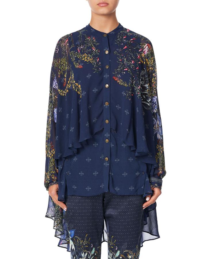 Draped Button-front Long-sleeve