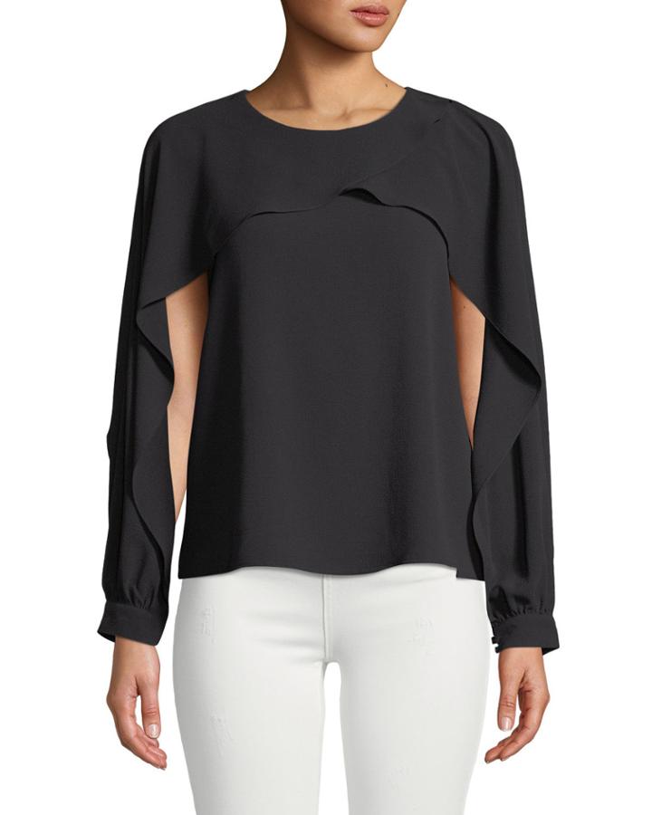 Long-sleeve Crepe Capelet Blouse