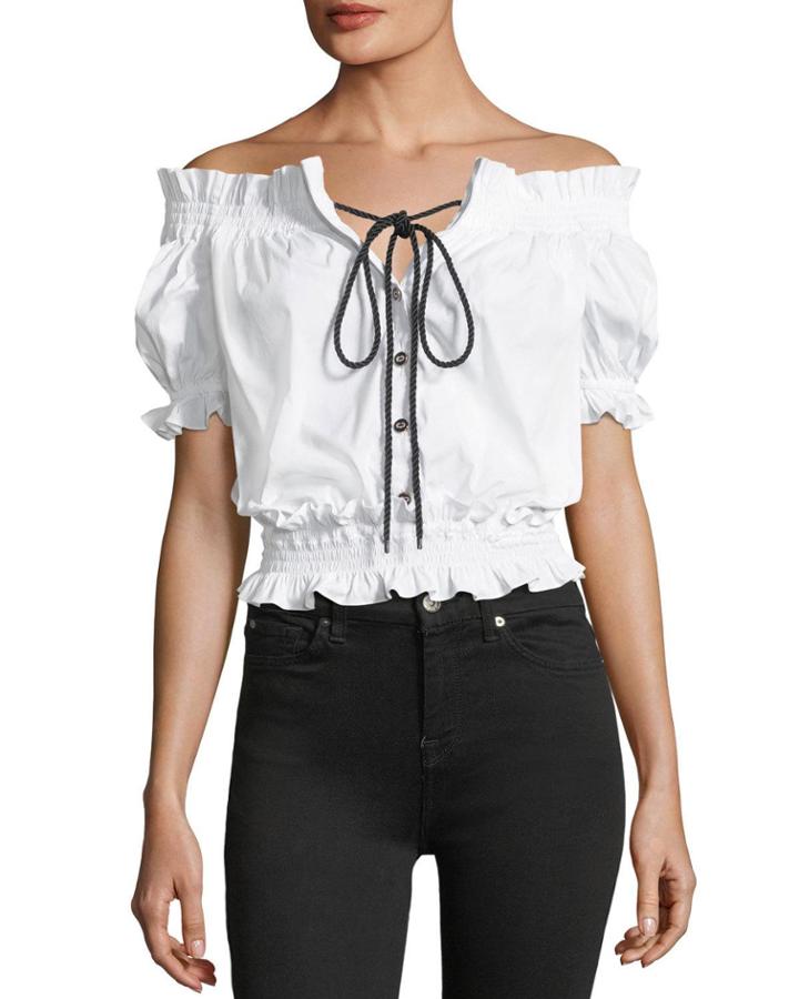 Off-the-shoulder Button-front Cropped Poplin Top