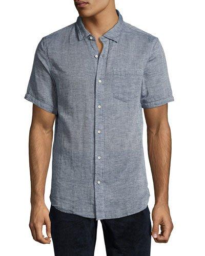 Textured Short-sleeve Button-front Shirt, Charcoal