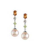 14k Peach Pearl, Diamond & Mixed Gem Dangle Earrings