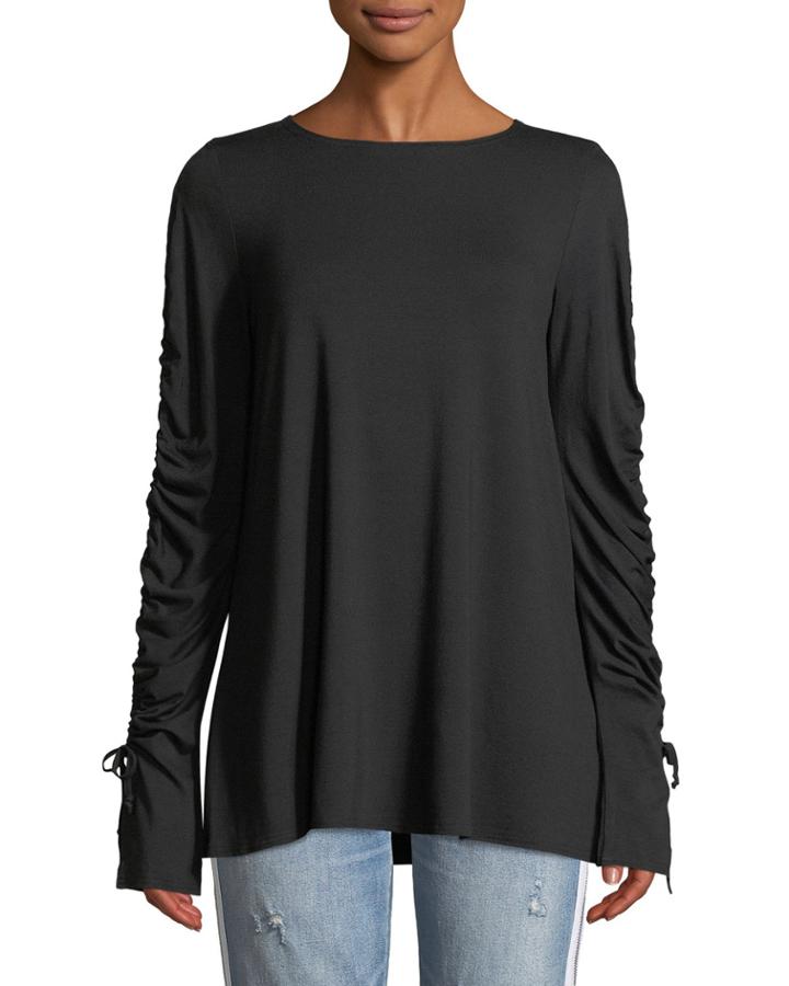 Ruched-sleeve Crewneck Tee