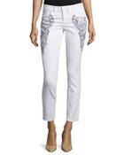 Embroidered Skinny Cropped Jeans, White