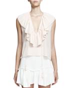 Sleeveless V-neck Ruffle Blouse, Fresh Pink