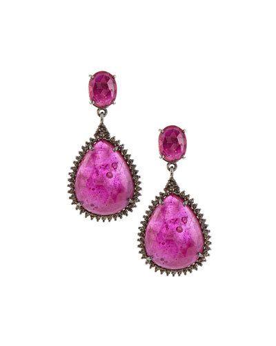 Composite Ruby & Champagne Diamond Drop Earrings