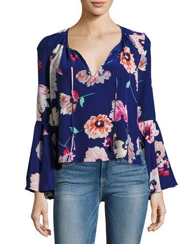 Wanderlust Silk Floral-print Top, Blue Pattern