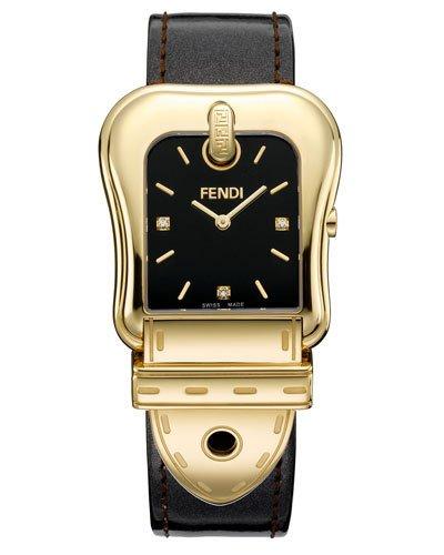 B. Fendi Diamond Buckle Watch With Leather Strap, Gold/black