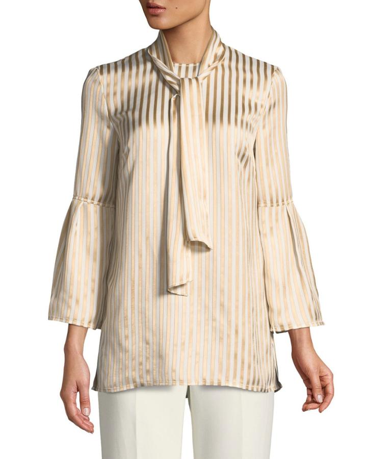 Tie-neck Striped Satin Twill Bell-sleeve Blouse
