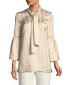 Tie-neck Striped Satin Twill Bell-sleeve Blouse