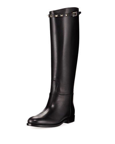 Rockstud Leather Calf-high Boot, Black