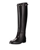 Rockstud Leather Calf-high Boot, Black