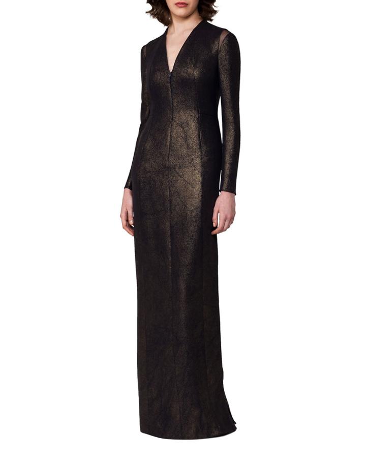 Silk Lurex&reg; Long-sleeve V-neck Gown, Black