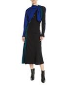 Tie-neck Long-sleeve Colorblock A-line Dress W/ Beading
