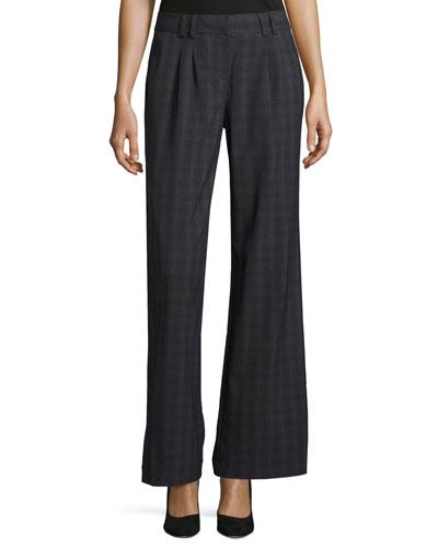 Plaid Pleated-front Wide-leg Trousers, Black