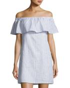 Striped Off-the-shoulder Linen-blend Dress