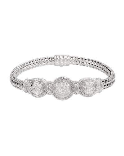 Silver Carved Chain Diamond Pave Round Trio Station Bracelet,