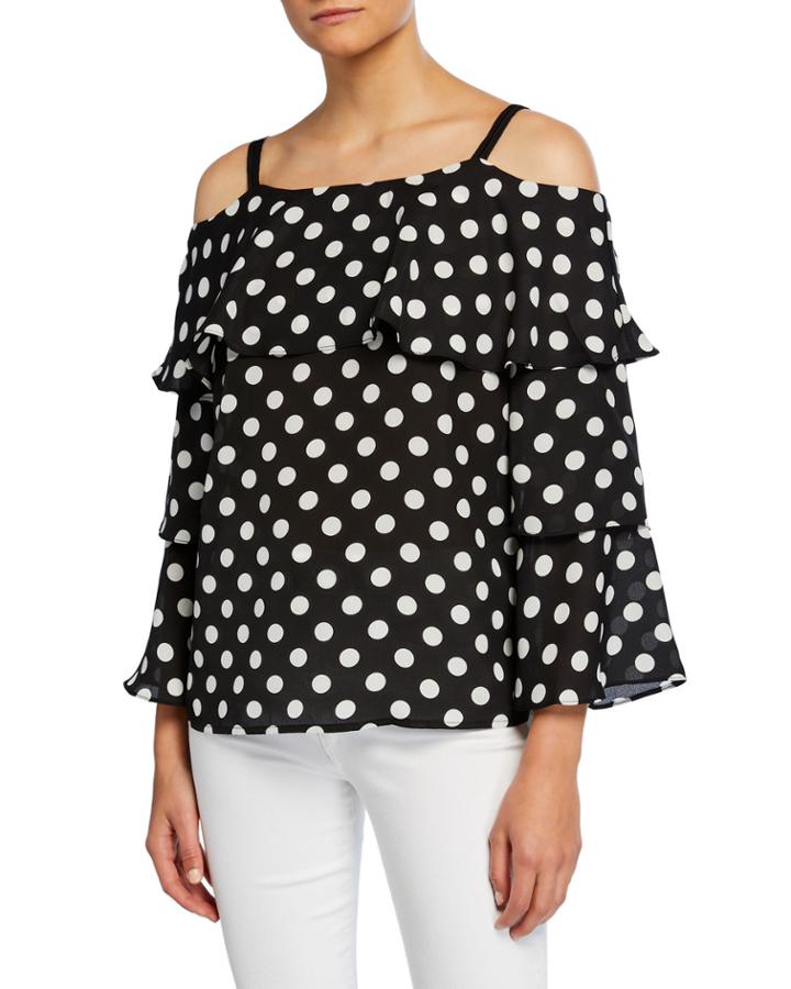 Polka Dot Cold-shoulder Tiered Long-sleeve Top