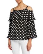 Polka Dot Cold-shoulder Tiered Long-sleeve Top