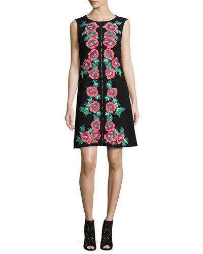 Sleeveless Embroidered Shift Dress, Black