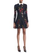 Long-sleeve Collared Floral-meadow A-line Dress