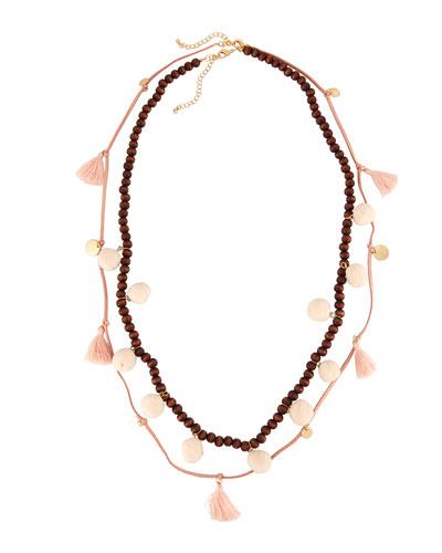 Long Double-strand Wood Bead, Pompom & Tassel Necklace