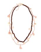Long Double-strand Wood Bead, Pompom & Tassel Necklace