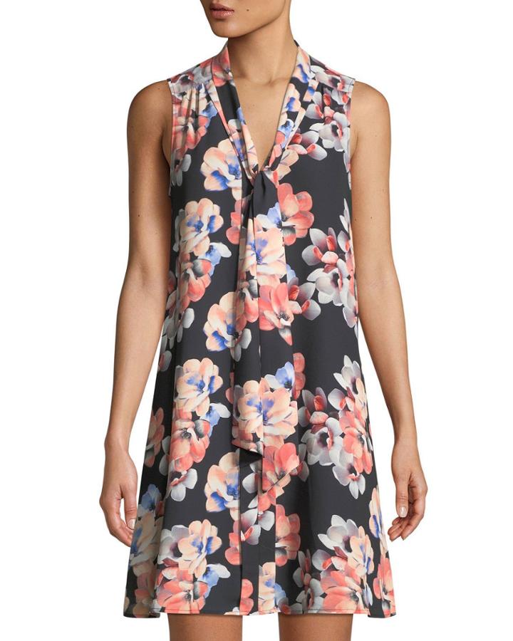 Garden Blooms Tie-neck Sleeveless A-line Dress