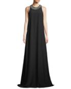 Sleeveless Monili-fringe-necklace A-line Silk Evening Gown