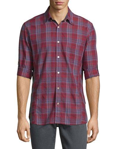 Plaid Roll-tab Sleeve Sport Shirt, Brick Red