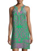 Kimberly Sleeveless Graphic Silk Shift Dress, Green/pink