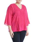 Embroidered 3/4-sleeve V-neck Blouse,