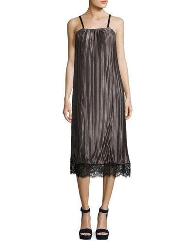 Pleated Lace-hem Slip Dress, Charcoal