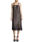 Pleated Lace-hem Slip Dress, Charcoal