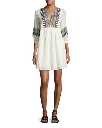 Magda Embroidered Metallic Gauze Minidress, Ecru