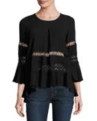 Flared Mixed-lace Blouse, Black