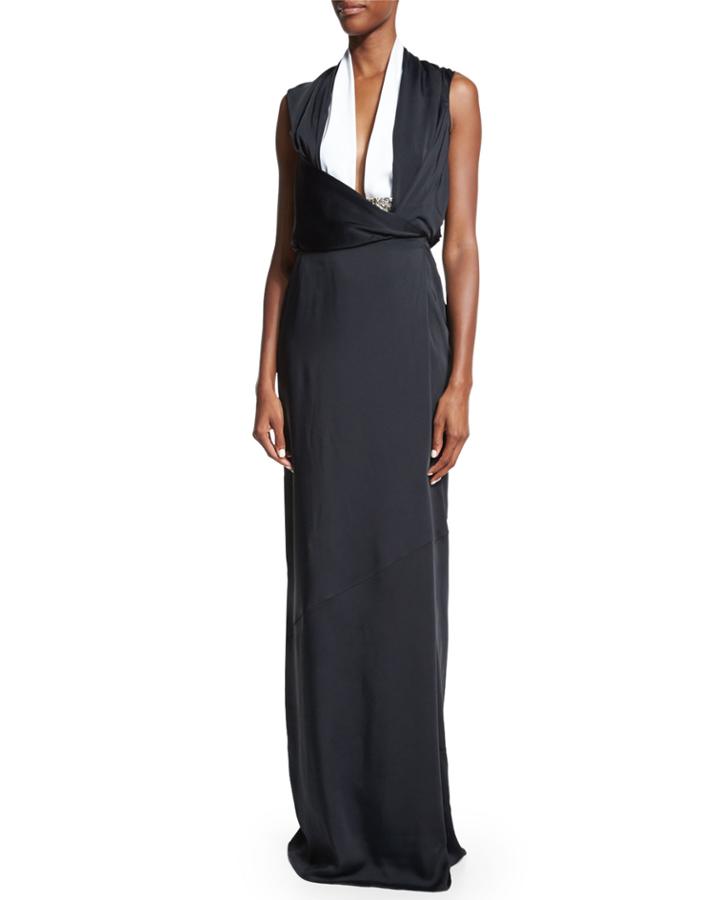 Sleeveless Two-tone Gown, Black/white