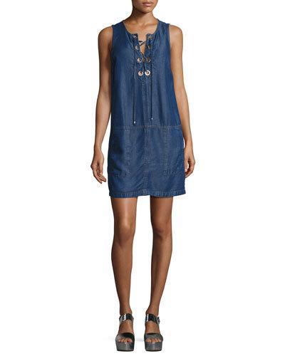 Lace-up Sleeveless Chambray Dress, Dark Blue