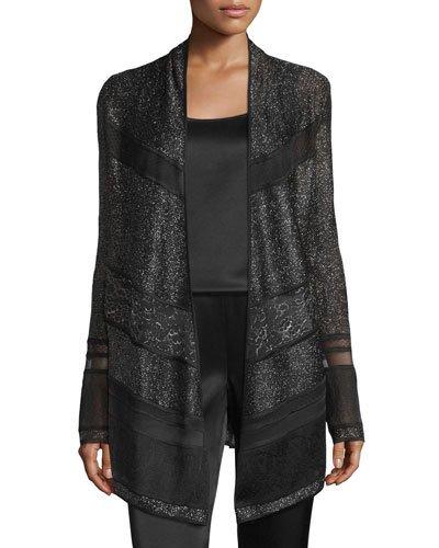 Zenoria Lace-panel Open Artisan Cardigan, Caviar/multi
