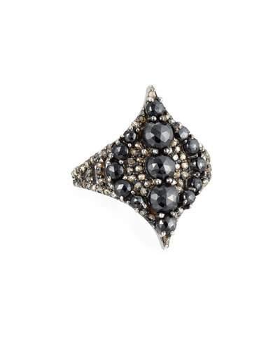 Black Spinel & Champagne Diamond Pointed Ring,
