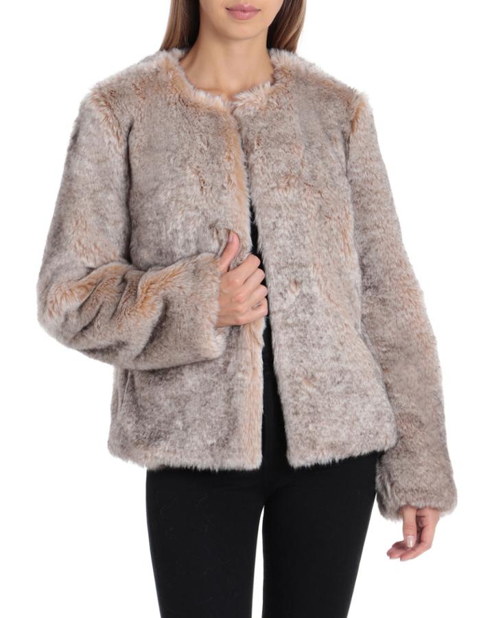 Collarless Faux-fur Jacket