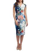 Split-neck Floral-print Sheath Dress, Blue Pattern
