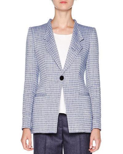 Houndstooth-print Linen Jacket, Blue/ivory